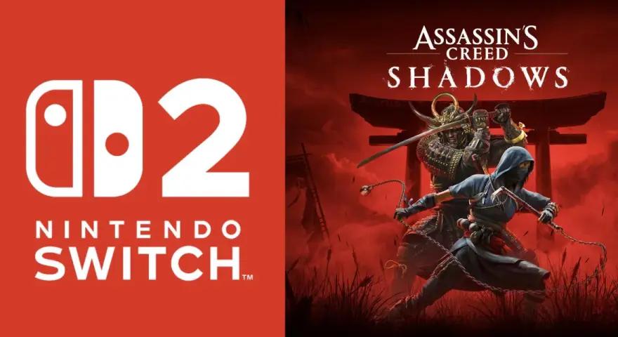 Logo de Nintendo Switch 2 junto a la portada de Assassin's Creed Shadows, con samuráis y ninjas en acción.