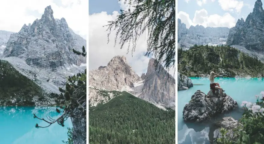 Drei Ansichten des Sorapis Sees mit türkisfarbenem Wasser, schroffen Bergen und grünen Wäldern. Eine Frau sitzt auf einem Felsen am Ufer.
