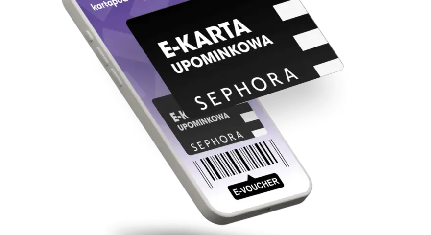E-karta podarunkowa Sephora na telefonie. Idealny pomysł na prezent, który można wykorzystać na zakupy w drogerii.