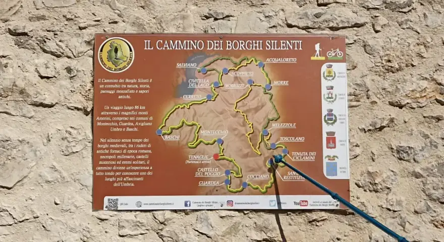 Mappa del Cammino dei Borghi Silenti, un percorso di 86 km tra natura, storia e borghi medievali dell'Umbria.