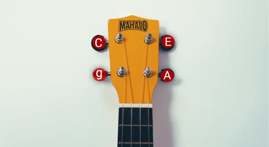 Mahalo Ukulele Kopfplatte mit Saiten C, E, G, A. Die unterschiedlichen ukulele saiten dicke sind für verschiedene Töne verantwortlich.