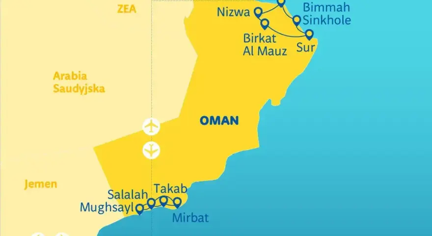 Mapa pokazuje, gdzie leży Oman, z zaznaczonymi miastami: Maskat, Nizwa, Sur, Salalah. Widać też sąsiednie kraje: ZEA, Arabia Saudyjska, Jemen.