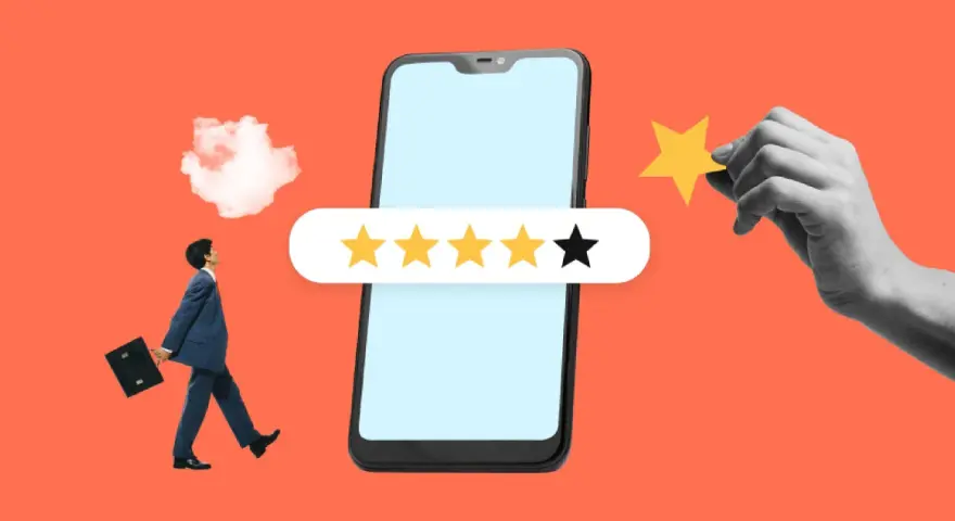 Un hombre de negocios camina hacia un teléfono con una reseña de 4 estrellas. Una mano añade la quinta estrella, ilustrando que es sampling.