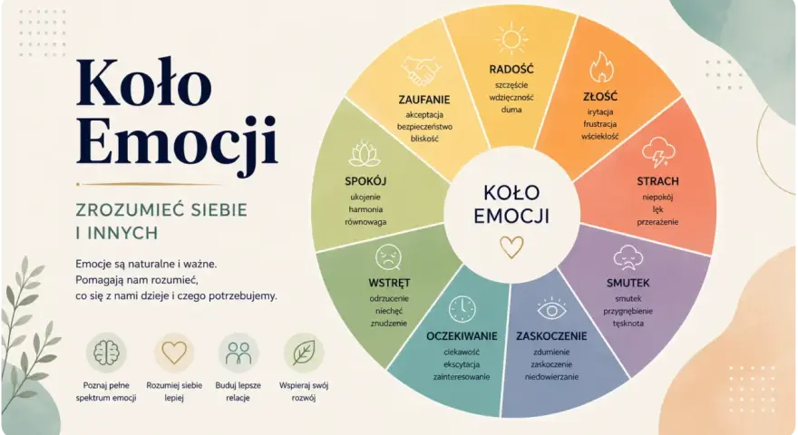 Koło emocji: radość, zaufanie, spokój, wstręt, oczekiwanie, zaskoczenie, smutek, strach, złość. Poznaj pełne spektrum emocji.