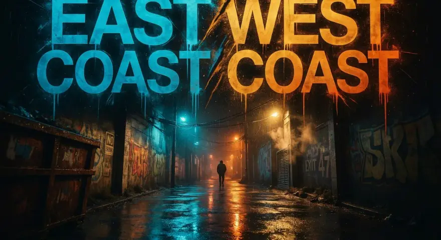 Nocny zaułek z neonowym napisem "EAST COAST WEST COAST". Deszczowa ulica, graffiti i samotna postać w oddali.