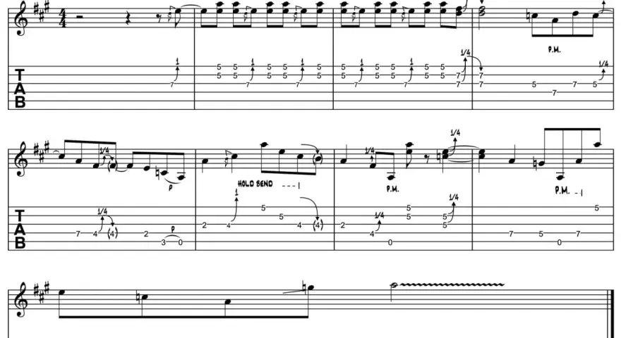 Notenblatt für das Gitarrensolo von "Highway to Hell" mit TAB-Notation.