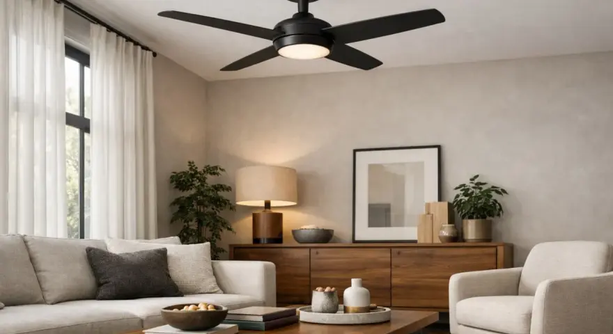 Ventilador de techo negro moderno con luz LED, que demuestra que son efectivos para crear un ambiente fresco y acogedor en un salón elegante.