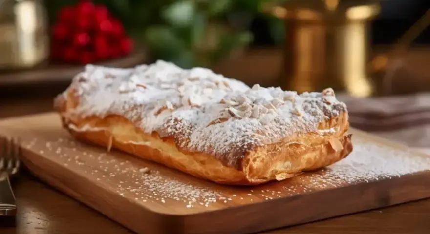 Pyszne ciasto francuskie bezglutenowe posypane cukrem pudrem i płatkami migdałów. Idealne na deser, gdy szukasz przepisu na coś wyjątkowego.