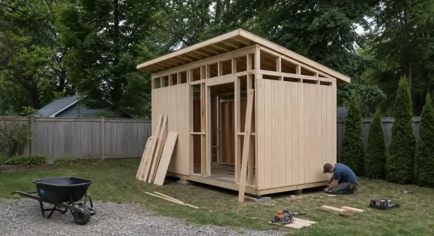 Man bygger en bod utomhus. Trämaterial och verktyg ligger utspridda på gräsmattan.
