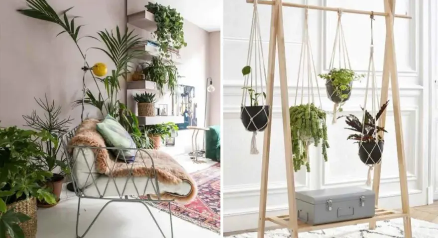 Un coin plantes salon bohème avec un fauteuil confortable et des étagères remplies de verdure. À droite, un portant en bois suspend des plantes en macramé.