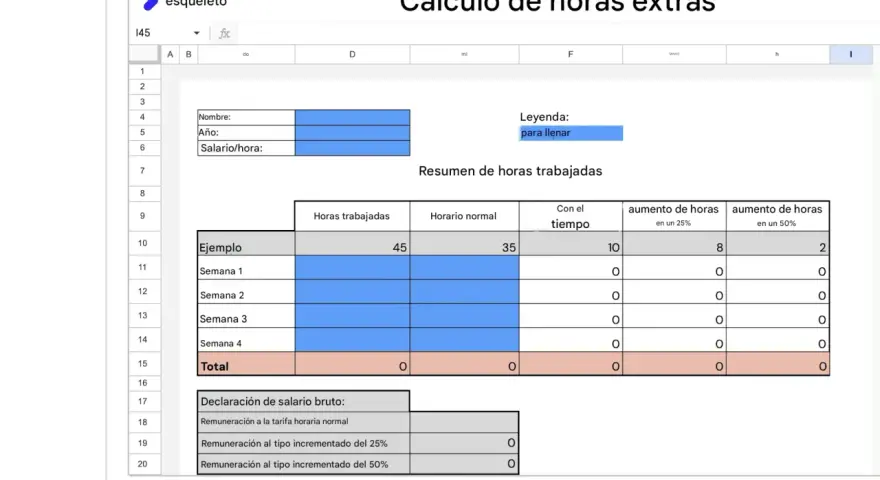 Hoja de cálculo para calcular horas trabajadas y extras. Muestra un resumen semanal con horas trabajadas, horario normal y aumentos.