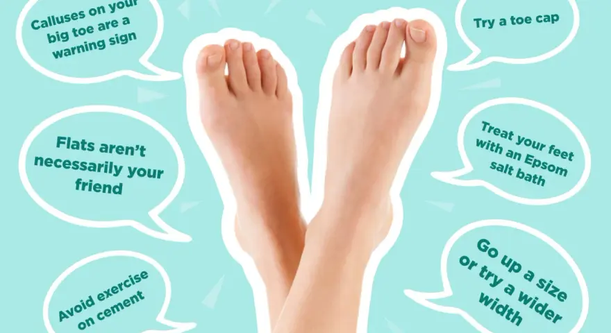 A pair of bare feet, with advice bubbles suggesting treatments like soaking feet in cold water with Epsom salt.