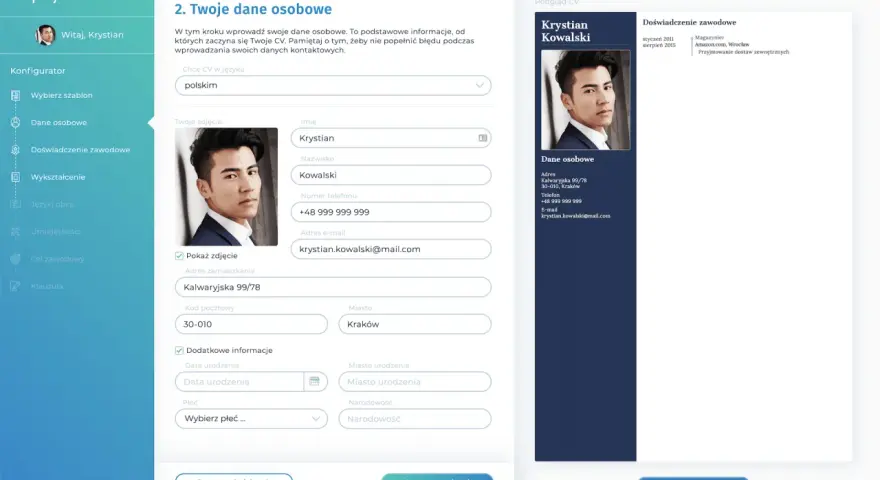 Krystian Kowalski uzupełnia swoje CV, wpisując dane osobowe: imię, nazwisko, adres, telefon i e-mail.