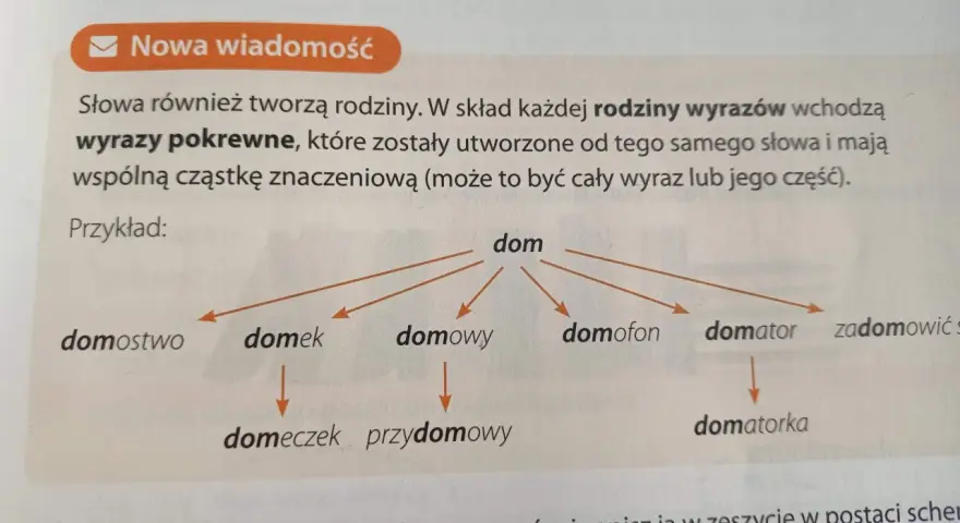 Schemat przedstawia rodzinę wyrazów z rdzeniem "dom": dom, domostwo, domek, domowy, domofon, domator, zadomowić się, domeczek, przydomowy, domatorka.