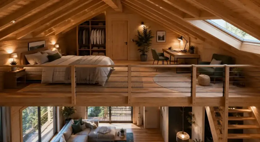Aménagement mezzanine chaleureux avec lit douillet, bureau et coin détente. L'espace maximise le bois et la lumière naturelle.