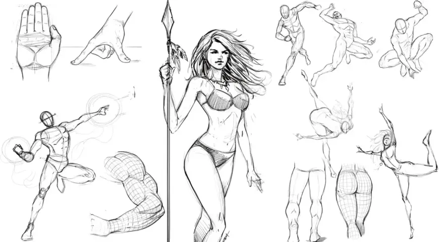 Dessin d'imagination : études de mains, d'une guerrière, de corps en mouvement et d'anatomie.