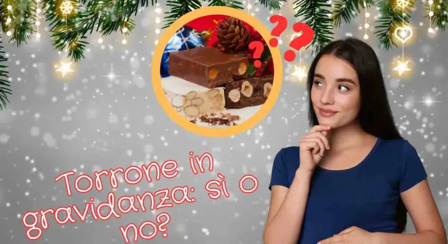 Una donna incinta pensa se mangiare il torrone durante la gravidanza, con un'immagine di torrone e decorazioni natalizie.