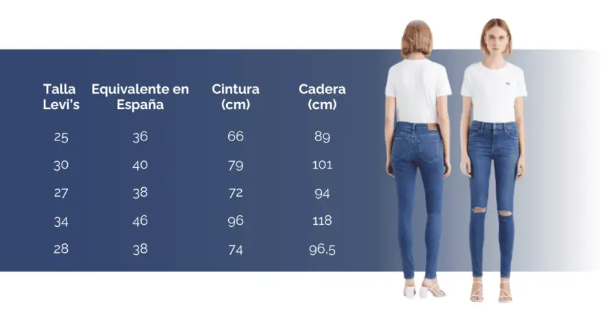 Guía de tallas de pantalón mujer: talla 26 en España equivale a 38, con medidas de cintura y cadera.