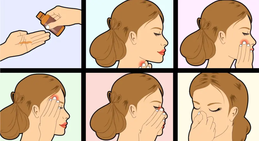 Illustrations show face massage steps: applying oil, massaging neck, cheek, forehead, eyes, and nose.