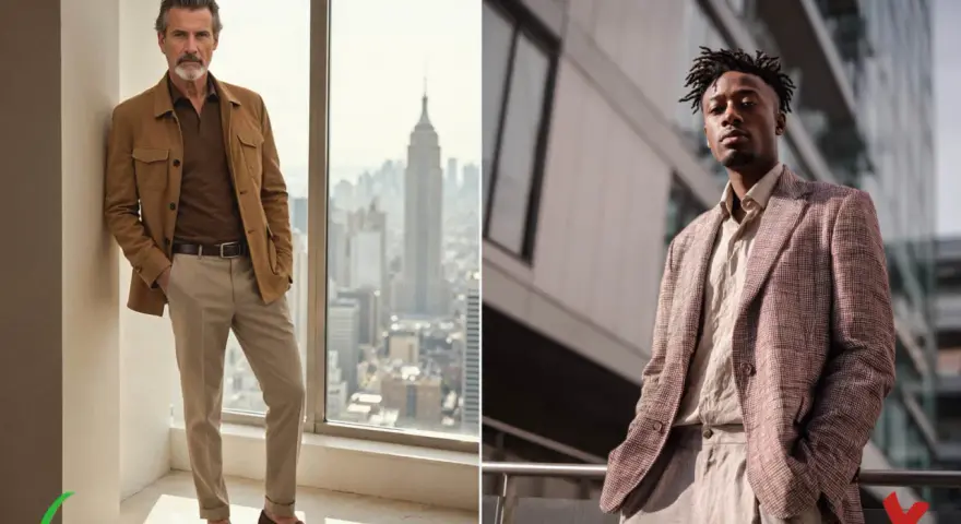 Hombre con un impecable atuendo smart casual, chaqueta color camel, polo marrón y pantalones beige.