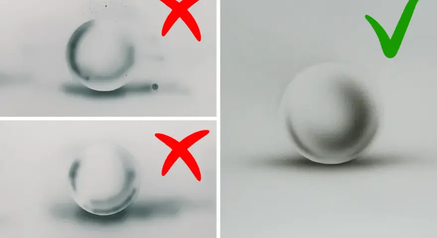 Poprawna kula cieniowania z subtelnym gradientem i cieniem. Dwie poprzednie próby z czerwonymi krzyżykami pokazują nieudane efekty.