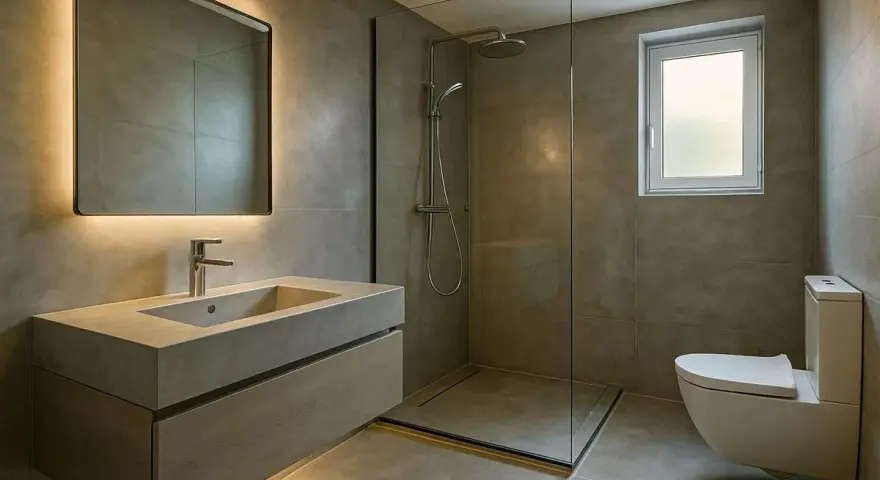 Salle de bain moderne avec lavabo en béton ciré, douche à l'italienne et WC suspendu. L'éclairage indirect du miroir crée une ambiance douce.