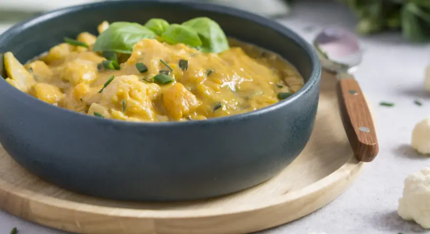 Cremiges Curry mit Blumenkohl, garniert mit Basilikum und Schnittlauch. Ein köstliches Gericht, das Lust auf mehr Blumenkohl Rezepte macht.