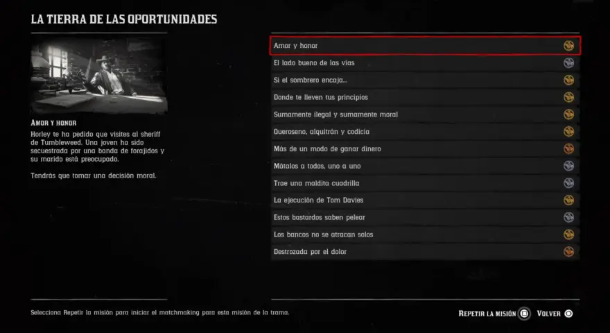 Pantalla de misión "Amor y honor" de la guía Red Dead Redemption 2. Un hombre con sombrero está sentado en un escritorio.