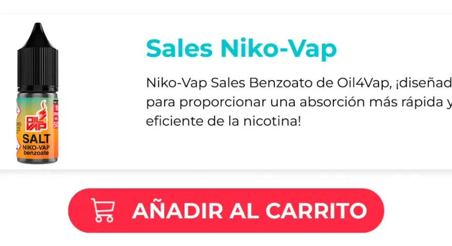 Botella de Niko-Vap Salt Benzoate, con la fórmula de la nicotina optimizada para rápida absorción.