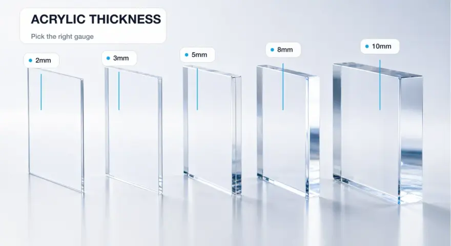 Clear acrylic sheets of varying plexiglass thickness for windows: 2mm, 3mm, 5mm, 8mm, and 10mm.