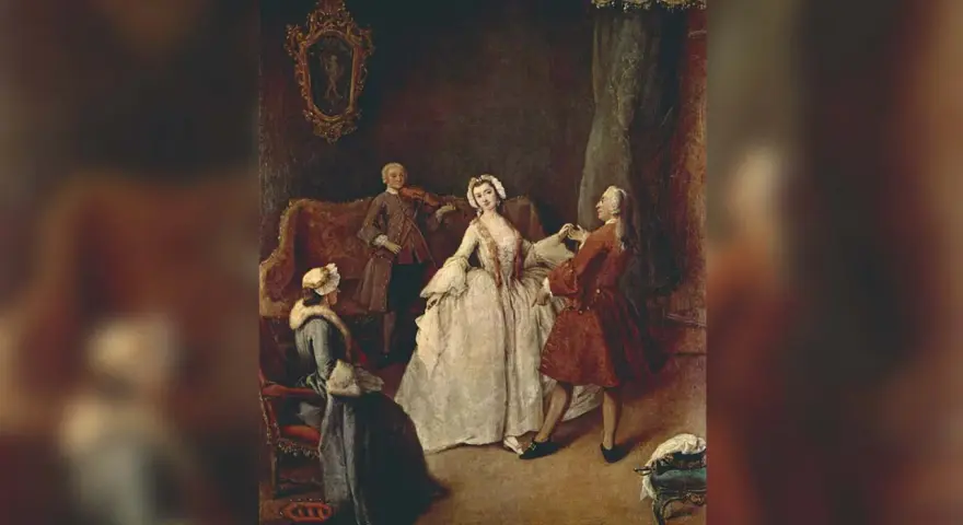 Una escena de la historia de la danza: un hombre toca el violín mientras una pareja baila y otra mujer observa.