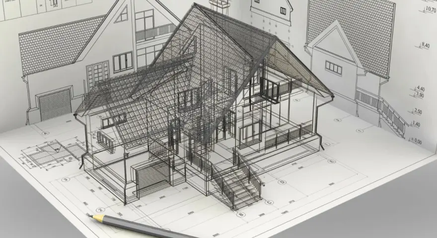 Szkic domu w formie siatki 3D na tle rysunków technicznych i wymiarów. To dokumentacja wykonawcza, która pokazuje szczegóły projektu.