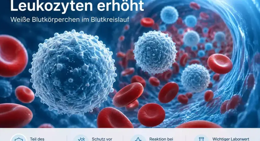Weiße Blutkörperchen (Leukozyten) im Blutkreislauf, die auf eine erhöhte Anzahl hindeuten. Sie sind Teil des Immunsystems und wichtig für die Reaktion bei Entzündungen.