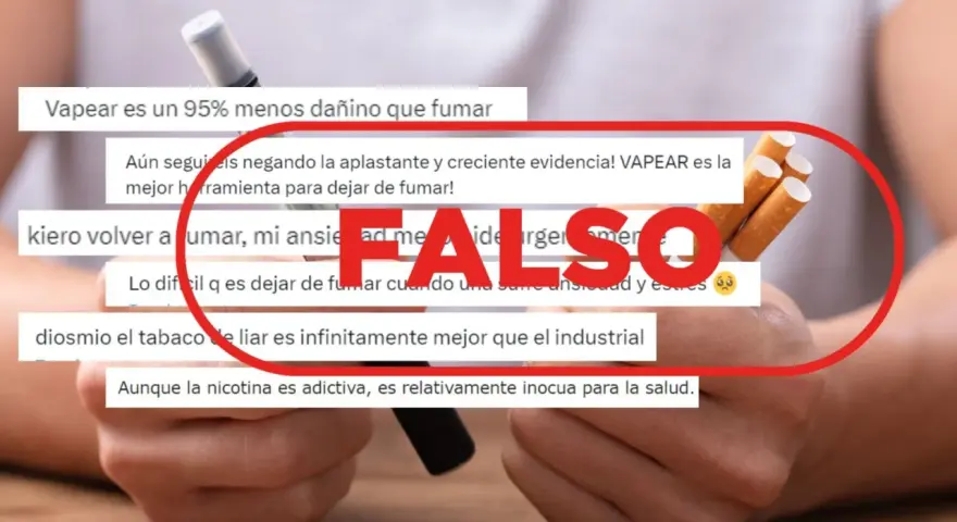 Manos sostienen un vaper y cigarrillos, rodeados por un círculo rojo con la palabra "FALSO". Mensajes sobre vapear y fumar se superponen.