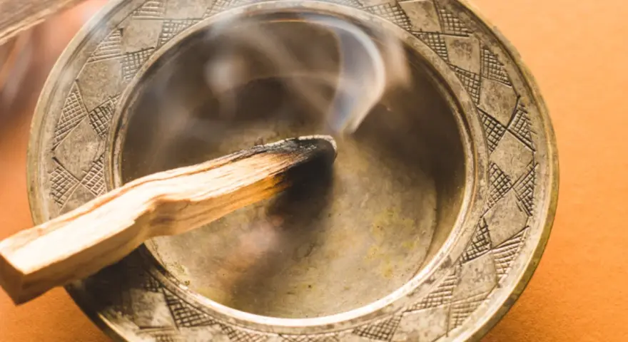 Humo ascendente de un palo santo quemándose en un cuenco metálico. Descubre a qué huele el palo santo.