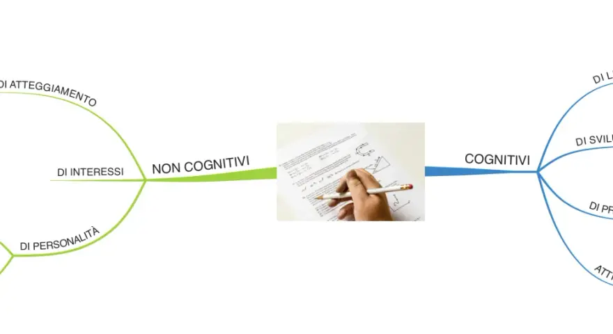Schema che illustra le categorie dei test psicologici: non cognitivi (atteggiamento, interessi, personalità) e cognitivi (livello, sviluppo, profitto, attitudinali).