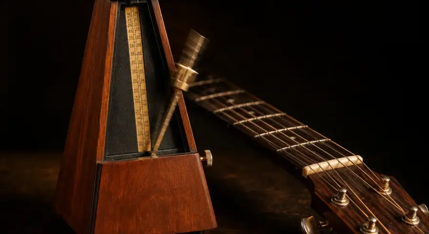 Un métronome en bois et une guitare acoustique, prêts pour la répétition. Le métronome bat la mesure, le temps de **half time** est en cours.
