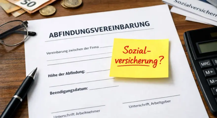 Abfindungsvereinbarung mit Fragezeichen zur Sozialversicherung. Geld, Brille, Stift und Taschenrechner liegen bereit.