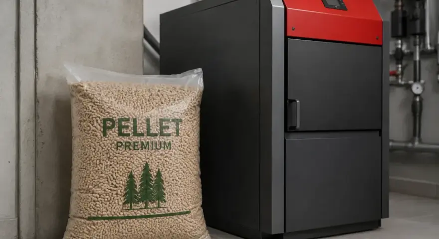 Nowoczesny piec na pellet premium obok worka z paliwem. Idealny do ogrzewania domu przez cały rok.