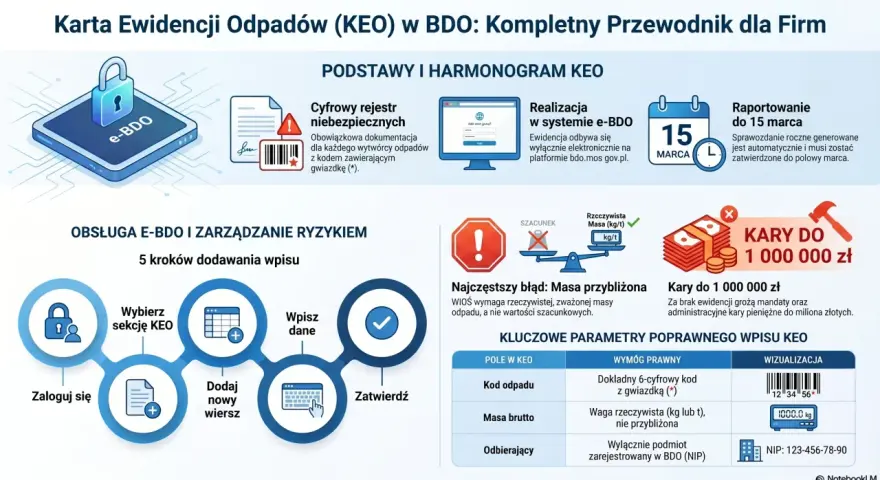 Karta Ewidencji Odpadów (KEO) w BDO. Podano przykładowy kod odpadu drewno, wymagany jest dokładny 6-cyfrowy kod z gwiazdką.