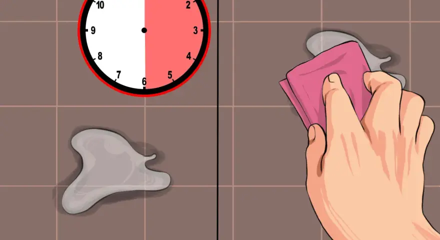 A clock shows half past 6, indicating how long does E6000 take to dry. A hand wipes away a spill.