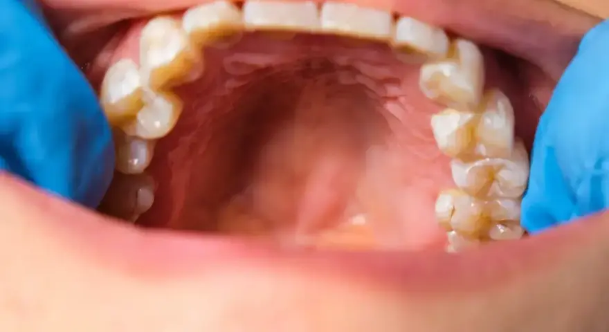 Widoczne zęby i jama ustna, z niebieską rękawiczką dentystyczną. Na dziąśle widoczny jest krwiak.