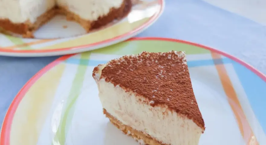 Deliciosa tarta de queso sin horno, cubierta de cacao, servida en un plato colorido.