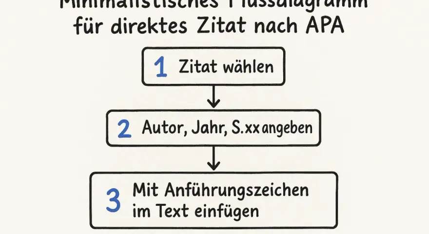 Minimalistisches Flussdiagramm für direktes Zitat nach APA: 1. Zitat wählen, 2. Autor, Jahr, S. xx angeben, 3. Mit Anführungszeichen im Text einfügen.