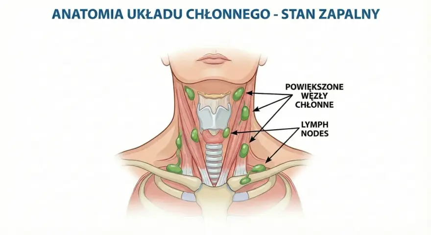 Anatomia układu chłonnego - stan zapalny. Widoczne powiększone węzły chłonne na szyi.