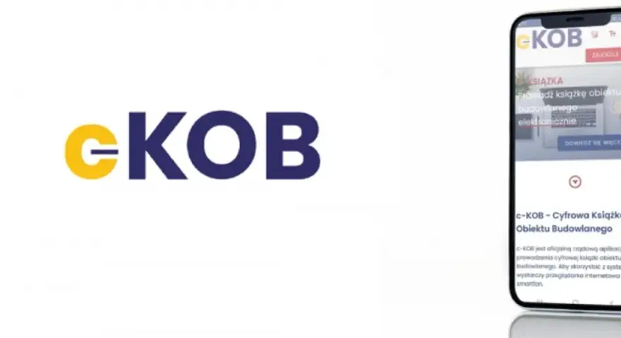 Logo e-KOB i smartfon prezentujący cyfrowa książka obiektu budowlanego.