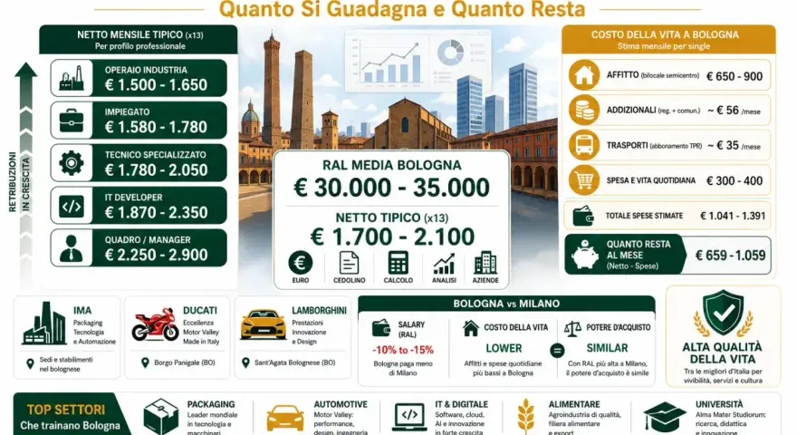 Stipendio medio a Bologna 2026: RAL 30-35k, netto 1.700-2.100€. Costo vita inferiore a Milano, ma potere d'acquisto simile.