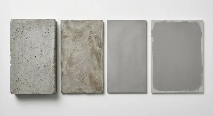 Cztery płyty prezentujące różne tekstury: surowy beton, tynk, gładki beton i beton pomalowany.