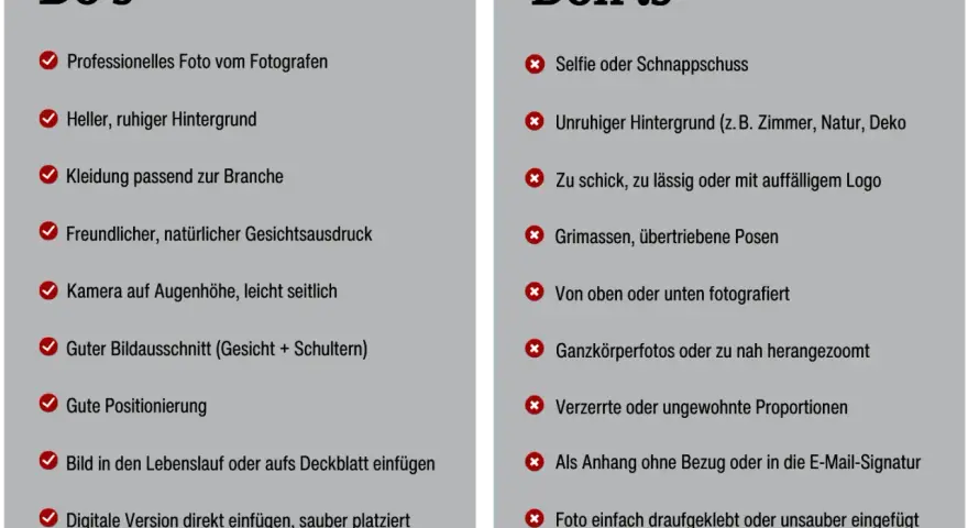 Professionelles Foto, heller Hintergrund, passende Kleidung – so kommt ein gutes Bild in den Lebenslauf. Vermeide Selfies und unruhige Hintergründe.