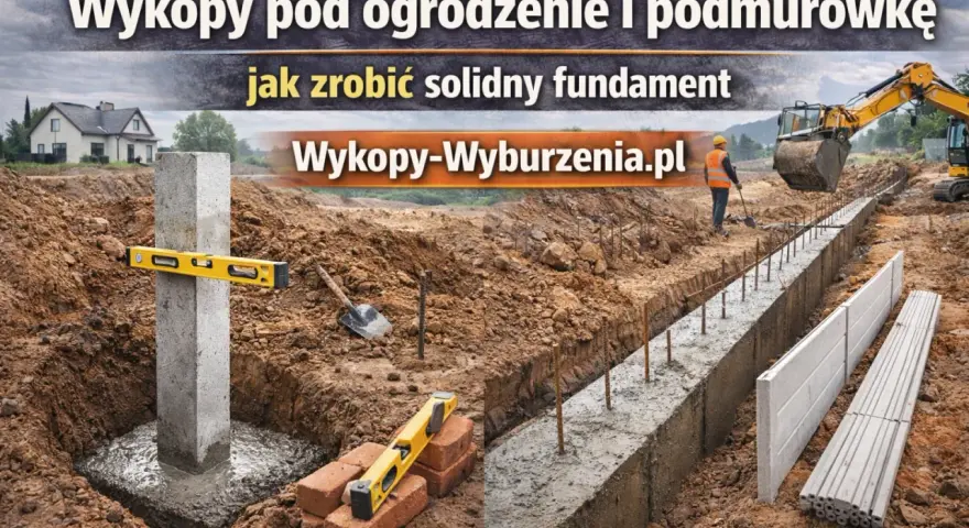 Solidny fundament pod ogrodzenie w trakcie budowy. Betonowy słup z poziomicą, łopata i koparka w tle.
